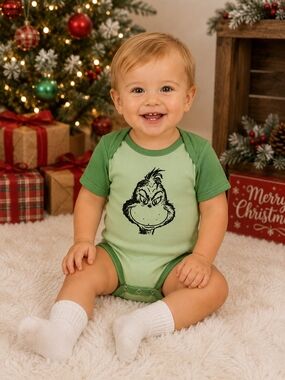 HG Creations Baby Grinch Face Green Christmas Bodysuit 12m & 24m